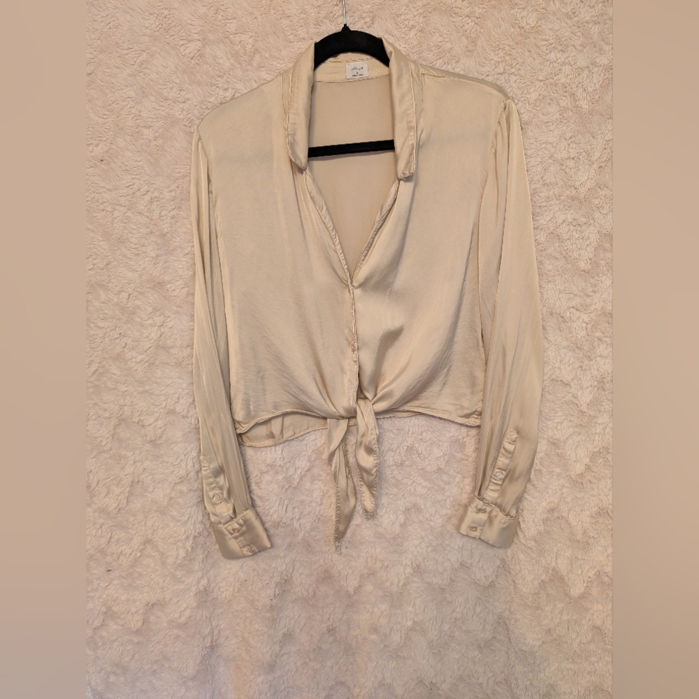 Aritzia Wilfred Cream Satin Tie-Front Blouse - Picture 2 of 6